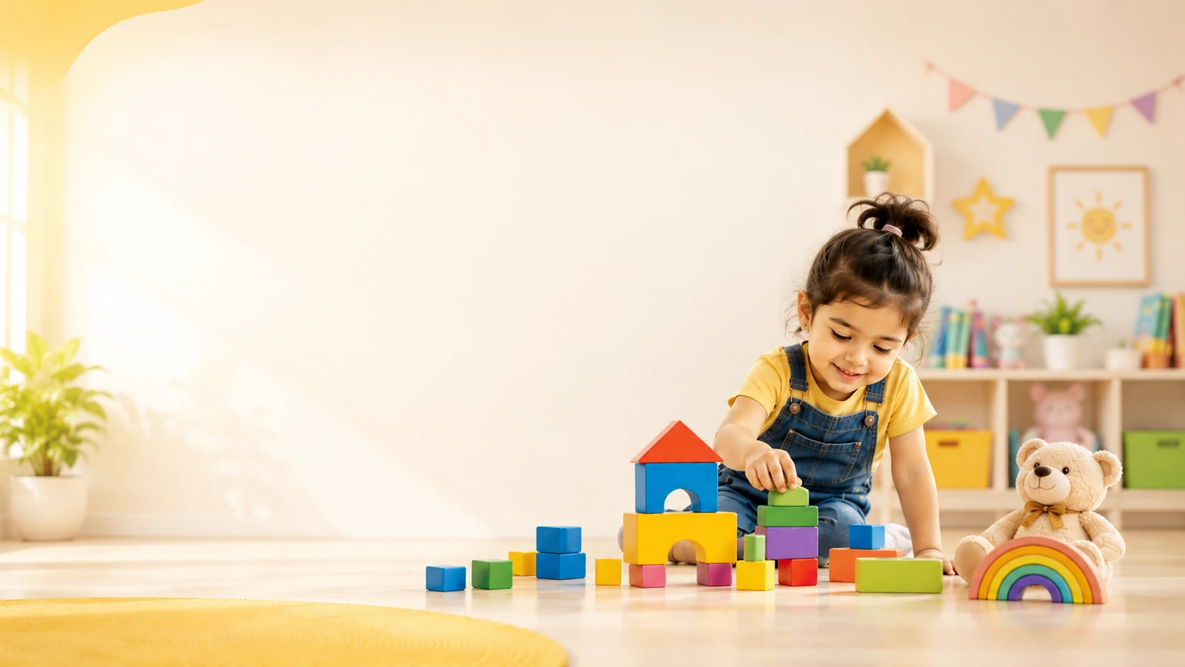 Child playing with colorful building blocks in a bright, cheerful classroom